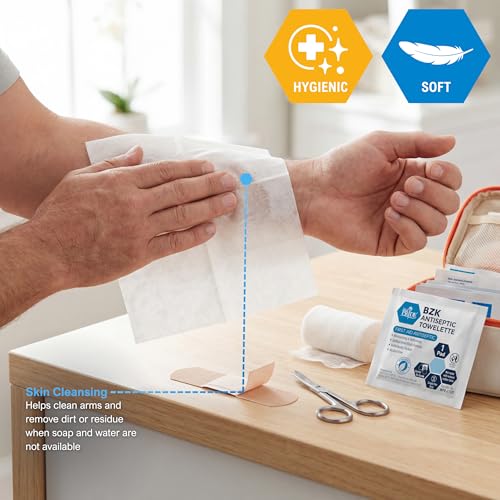 MED PRIDE BZK Antiseptic Towelettes, Individually Wrapped First Aid Cleansing Wipes, Alcohol-Free, Non-Sterile, Single Use, For Skin Cleansing & Prep (100, 5'' x 7'') - size: 1 Count (Pack of 100)