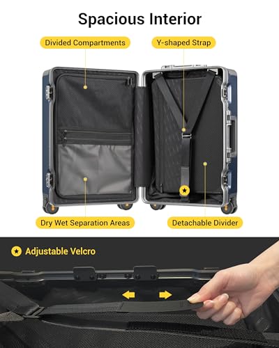 LEVEL8 Carry On Luggage Airline Approved Zipperless with Aluminum Frame, Hard Case Luggage with Spinner Wheels, Metal Travel Suitcase with Double Tsa Locks, 20 Inch, Blue - color: Blue, size: Carry-On 20 Inch (Without Organizers)
