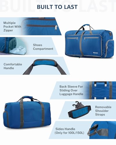 Gonex Large Foldable Travel Duffle Bag with Shoes Compartment, Packable Lightweight Water Repellent Duffel Bag for Camping Gym Weekender Bag - color: Deep Blue, size: 150L