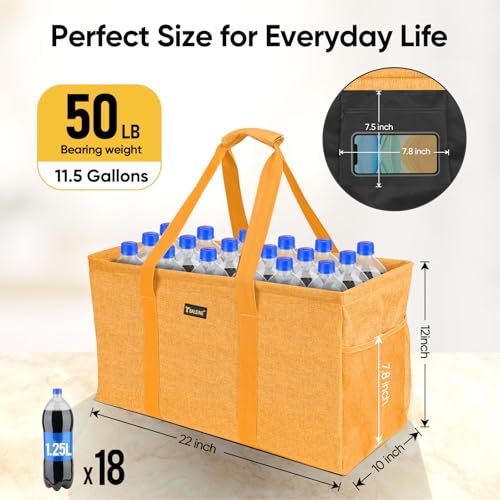 BALEINE Extra Large Utility Tote Bag with Reinforced Wire Frame, Reusable Grocery Bag for Shopping, Picnic (Yellow, 22''x12''x10'') - color: Yellow, size: 22''x12''x10''