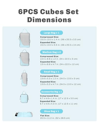 Hynes Eagle 6 Set/ 4 Set/ 2 Set Compression Packing Cubes Travel Essentials Lightweight Nylon Luggage Suitcase Organizer Bag Light Blue 6PCS - color: Light Blue-6 PCS