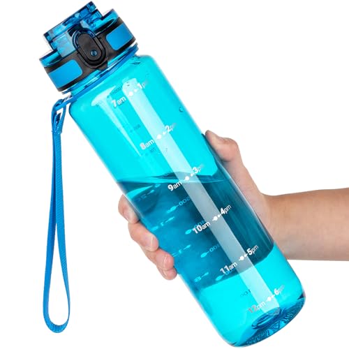 OLDLEY 32 oz Water Bottle, Motivational Water Bottle with Time Marker, Sports Water Bottle With Strap, Leakproof & BPA Free Large Water Bottles for School,Gym,Outdoor, Tritan, Transparent-Blue - color: B-Transparent-Blue, size: 32 Ounces