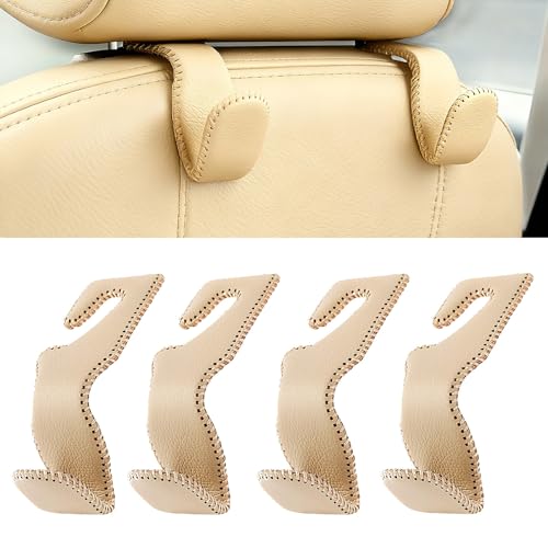 AMVOYOA Headrest Hooks for Purses and Bags, Car Back Seat Headrest Hanger Vehicle Beige Leather Storage Hook, Pack of 4 - color: Beige, size: 4 Pack