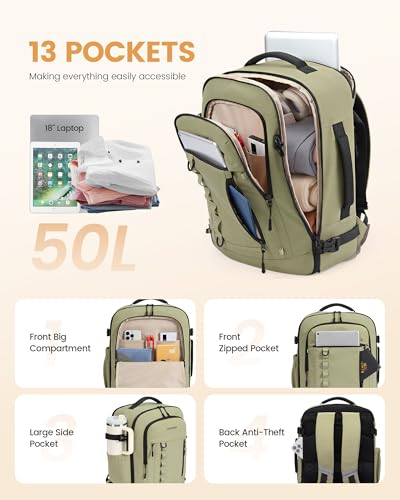 LOVEVOOK 50L Travel Backpack for Men Women, Waterproof Carry On Backpack for Work & Travel, Flight Approved Personal Item with 3 Packing Cubes,TSA Bag Fits 17.3" Laptop,Light pink - color: Light Pink, size: X-Large-50L-4Pcs