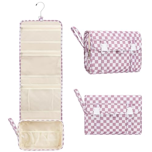 Relavel Hanging Toiletry Bag, Travel Toiletries Bag with Hanging Hook, Water Resistant Makeup Cosmetic Organizer for Full Sized Container, Shampoo, Portable Wash Bag for Essentials - Purple - color: 02 Purple Checkboard, size: Large