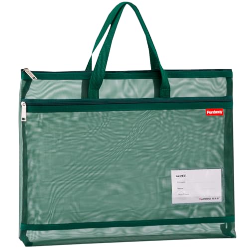 Pendancy Mesh Zipper Pouch A3 Size, Large Double Pocket Lightweight Nylon Transparent File Bag with Handle, 13x17 in Foldable Document Storage for Puzzle Project/Cross Stitch/Travel/Office (Green) - color: Translucent Green, style: DIY Label Type A3 Size(