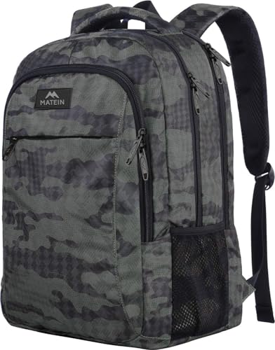 MATEIN Travel Computer Backpack, Sturdy College School Backpack for 15.6 Inch Laptop with Anti Theft Back Pocket, Lightweight Bookbag Carry On Personal Item Bag Casual Daypack Gift for Women & Men - color: Grey and Black Camo, size: 15.6 Inch