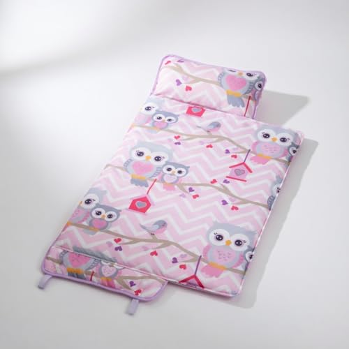 EVERYDAY KIDS Nap Mat with Removable Pillow - Carry Handle with Straps Closure, Rollup Design, Soft Microfiber for Preschool, Daycare, Travel Sleeping Bag - Sweet Owls - color: Sweet Owls