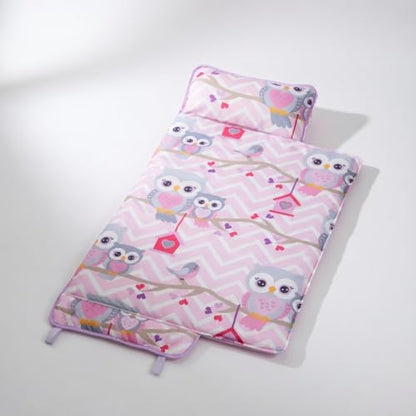 EVERYDAY KIDS Nap Mat with Removable Pillow - Carry Handle with Straps Closure, Rollup Design, Soft Microfiber for Preschool, Daycare, Travel Sleeping Bag - Sweet Owls - color: Sweet Owls