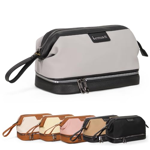 Double-Layer Toiletry Bag, Water-Resistant Hybrid Leather Cosmetic Organizer with Wet/Dry Compartments, 26x15x16cm (Gray, Double layer) - color: Gray