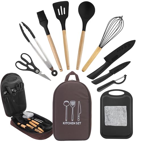 Camping Accessories Kitchen Cooking Utensils Set - Portable Outdoor Camp Cookware Set, Silicone Camper Essentials Gear Must Have Supplies for Travel RV BBQ Grill Picnic Hiking - color: 12PCS Black