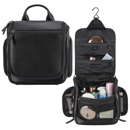 Masa Kawa Leather Hanging Travel Toiletry Bag for Men Portable Expandable Camping Cosmetics Makeup Toiletries Organizer Waterproof Bathroom Shaving Kit Black Wash Bags - color: Black