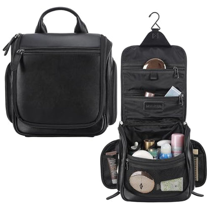 Masa Kawa Leather Hanging Travel Toiletry Bag for Men Portable Expandable Camping Cosmetics Makeup Toiletries Organizer Waterproof Bathroom Shaving Kit Black Wash Bags - color: Black