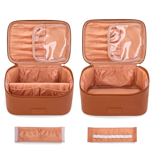 Montana West X Wrangler Travel Makeup Bag 2pcs Set Large Cosmetic Bag with Makeup Brush Holder Portable Make Up Organizer Cute Toiletry Bag with Divider and Handle for Women - color: Light Brown