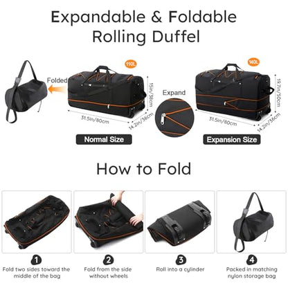 32" Soft-Sided Foldable Wheeled Duffle Bag, 110L Expandable 140L Rolling Travel Bag with Matching Storage Pouch, Updated Black-Orange - color: Black-Orange