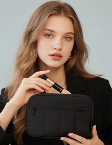 Noozion Makeup Bag Travel Toiletry Bag, Puffy Padded Cosmetic Bag for Women, Makeup Organizer Case, Wide-open Pouch Purse, Travel Essentials - color: Black