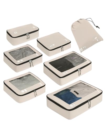ECOHUB 7 Set Packing Cubes Tear-Resistant Luggage Packing Organizers with Number Icon for Travel Accessories Luggage Suitcase Machine Washable Packing Cubes (Beige) - color: Beige-No Compress, size: 7 Set Packing Cubes