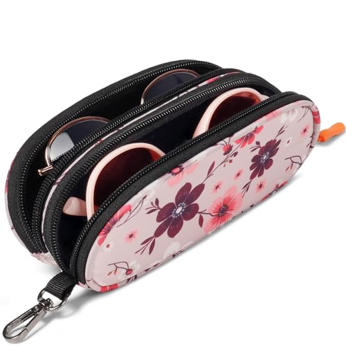 Double Eyeglasses Case Soft Portable Zipper Sunglasses Pouch with Keychain Clip for Men Women - color: Pink Flower