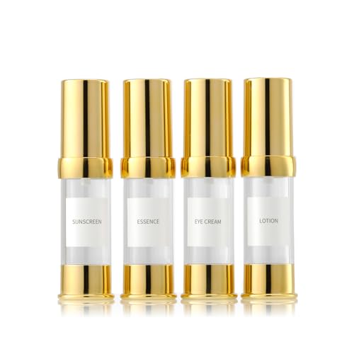 Gold 15ML 0.5 oz Airless pump bottle Toiletries Travel Size containers airport essentials Dispenser with Box Reusable mini lotion plastic travel bottles 4 Packs - size: 15 ML