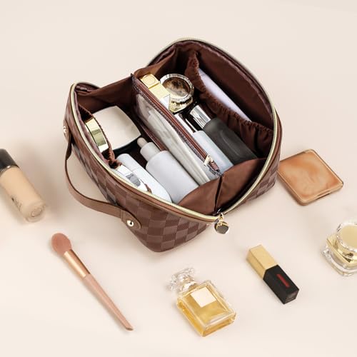 Prite Makeup Bag for Women Travel Waterproof Vegan Leather Cosmetic Bag Open Flat Toiletry Bag With Clear Divider and Handle (Plaid Brown, Medium) - color: Plaid Brown, size: Medium
