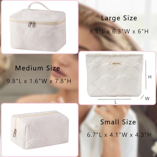 RSRSLEII 3Pcs Quilted Cotton Coquette Makeup bag, Coastal Granddaughter Aesthetic Cosmetic Bag, Cute Seashell Portable Travel Toiletry Pouch (08 3Pcs White) - color: 08 3Pcs White