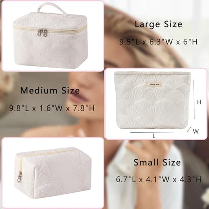 RSRSLEII 3Pcs Quilted Cotton Coquette Makeup bag, Coastal Granddaughter Aesthetic Cosmetic Bag, Cute Seashell Portable Travel Toiletry Pouch (08 3Pcs White) - color: 08 3Pcs White