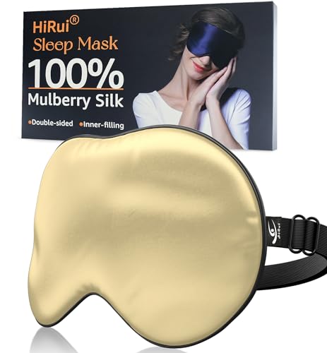 HiRui Silk Sleep Mask, 100% Natural Mulberry Silk of Double-Sided & Inner-Filling, Ultra-Smooth Soft, Adjustable Strap, Blocks Light for Night Sleeping, Travel, Office Naps (Champagne) - color: Champagne
