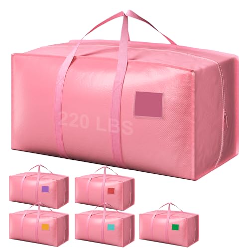 6 Pack Moving Bags with Full-Open Side Zipper, Extra Large 93L Heavy Duty Waterproof Foldable Storage Totes for College Dorm, Moving & Home Organization Pink - color: Pink, size: 6 Pack