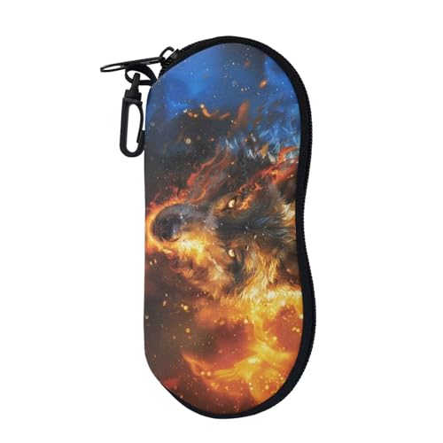 AFPANQZ Glasses Case with Carabiner Hanging Portable Neoprene Zipper Sunglasses Case Soft Lightweight - color: Cool Flame Wolf