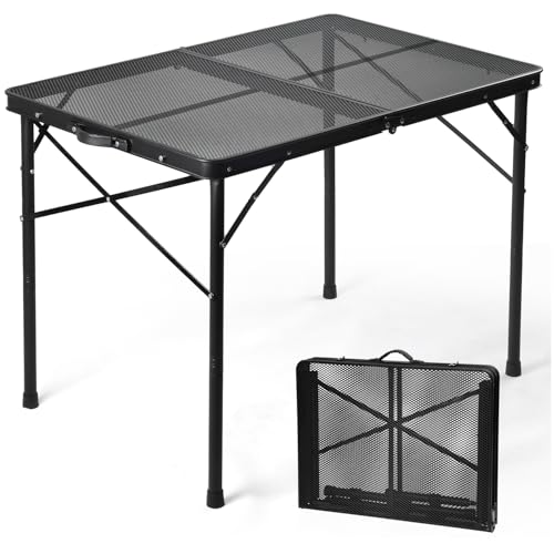 3 ft Folding Table with Adjustable Height, Camping Table with Carry Handle, Metal Mesh Table ,Portable Grill Table for Camping, Tailgating, BBQ, Picnic & Indoor, Fits 3–6 People, Supports 66 lb, Black - color: Black, size: Medium 3Ft - 35.4"L x 23.6"W x 1
