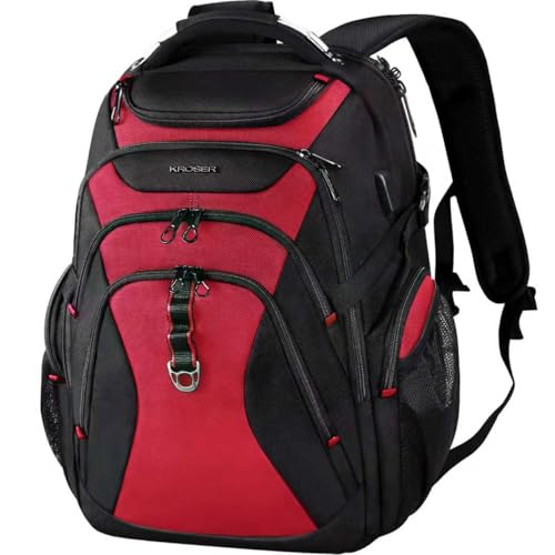 KROSER Travel Laptop Backpack 17.3 Inch XL Computer Backpack with Hard Shell Saferoom RFID Pockets Water-Repellent Business College Daypack Stylish Bag for Men/Women-Black Red - color: Black/Red-17.3, size: 17.3 inch