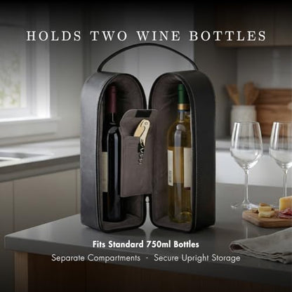 Bey-Berk Genuine Leather Two-Bottle Wine Caddy with Bar Tool (Black), Zippered Travel Case with Strap Handle for Wine Transport and Gifting - color: Black