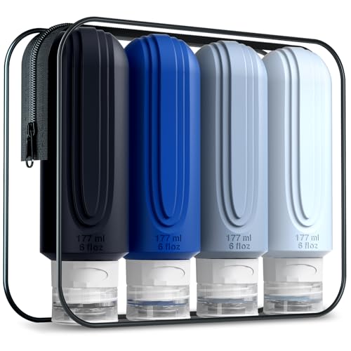 Mrsdry Travel Bottles for Toiletries, Large 6oz Oversize Containers, BPA Free Leak Proof Tubs Refillable Liquid Traveler Accessories with Toiletry Bag for Cometic Shampoo and Lotion Soap (4 Pack) - color: Blue-6oz