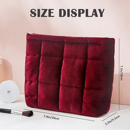 Puffy Quilted Makeup Bag, Cosmetic Bag, Travel Toiletry Organizer Pouch, Clutch for Women(Wine Red - Velvet) - color: Wine Red - Velvet
