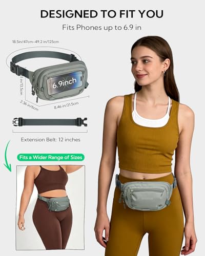 WATERFLY Small RFID Fanny Pack: 1.5L Slim Mini Anti-Theft Crossbody Waist Bag with Extender Strap, Water-Resistant Waist Pack for Men Women Travel Hiking Running-Grey - color: Grey