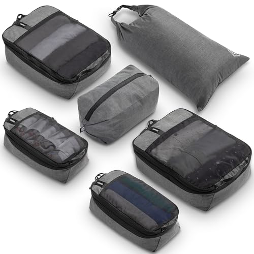 Compression Packing Cubes for Travel by TRIPPED – 6-Piece Premium Set with Laundry & Shoe Bag, Space Saving Travel Organizer Bags for Suitcase & Carry-On Luggage (Grey Mesh) - color: Grey Mesh - 6 Piece