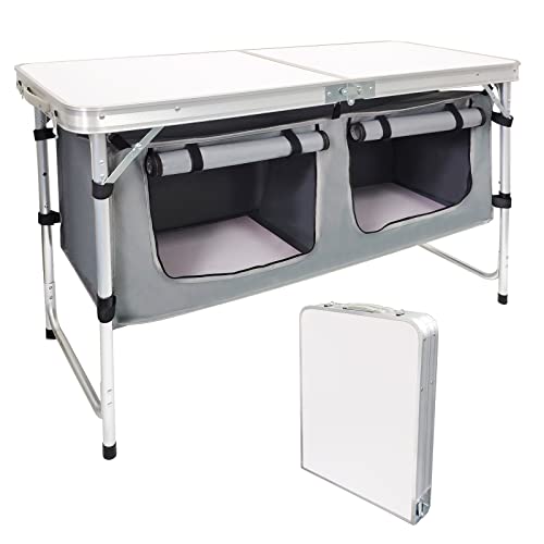 Folding Camping Table with Storage Aluminum Lightweight Camp Table Height Adjustable Picnic Tables for Outdoors Portable Foldable Beach Table Perfect for Tailgating, Travel, Backyards, BBQ, Party - color: White Standard
