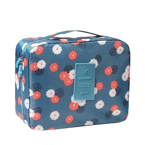 Large Capacity Travel Toiletry Bag, 9x5x4 Inch Makeup and Bathroom Organizer with Water-Resistant Fabric, Blue Floral Design