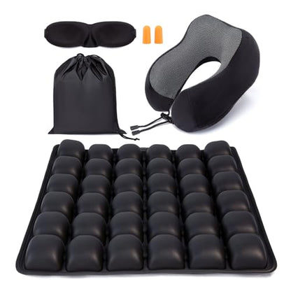 Travel mat - inflatable bubble design, used for car/office/airplane seat cushion, equipped with storage bags. Ergonomically designed 3D inflatable airbag, including neck pillow kit (Rectangle) - size: rectangle