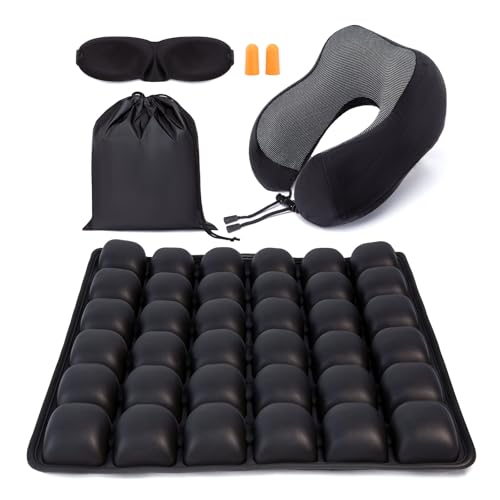 Travel mat - inflatable bubble design, used for car/office/airplane seat cushion, equipped with storage bags. Ergonomically designed 3D inflatable airbag, including neck pillow kit (Rectangle) - size: rectangle