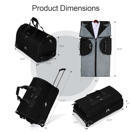 Modoker Convertible Rolling Garment Bag for Travel, Suit Travel Bag with Trolley, Garment Duffel Bag with Wheels & Shoes Compartment for Business Trip, Weekender - Black - color: 25in-Rich black
