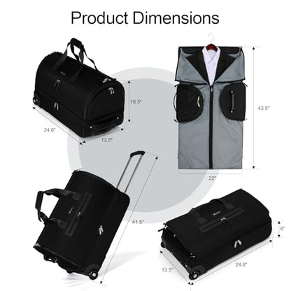 Modoker Convertible Rolling Garment Bag for Travel, Suit Travel Bag with Trolley, Garment Duffel Bag with Wheels & Shoes Compartment for Business Trip, Weekender - Black - color: 25in-Rich black