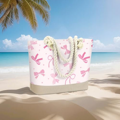 Fokongna Tote Bag For Women, Beach Bag Best Friend Travel Birthday Gifts, Travel Parties Vacation Shopping Essentials - color: Pastel Pink Bows