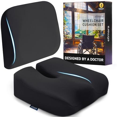 Elmara Doctor-Designed Wheelchair Seat Cushion Set – The Ultimate Comfort Solution – Thick Wheelchair Cushions Relieve Back & Sciatica Pain – Wheel Chair Cushions for Seniors, Wheelchair Pad (Black) - color: Black