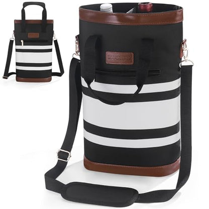 BLUBYEES 2-Bottle Insulated Wine Carrier Tote - Leakproof Padded 900D Oxford Cooler Bag for Travel, Picnics, Beach & Parties - color: Modern Black & White