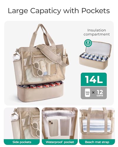 BAGSMART Beach Bag for Women, Mesh Tote Bags with Zipper, Sandproof Vacation Essentials with Cooler for Swim Cruise Pool - color: A-camel