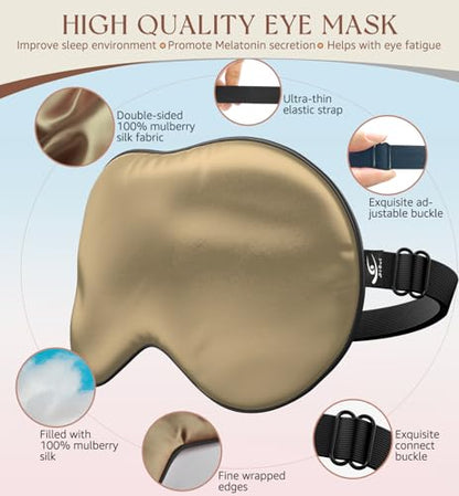 HiRui Silk Sleep Mask, 100% Natural Mulberry Silk of Double-Sided & Inner-Filling, Ultra-Smooth Soft, Adjustable Strap, Blocks Light for Night Sleeping, Travel, Office Naps (Khaki) - color: Khaki