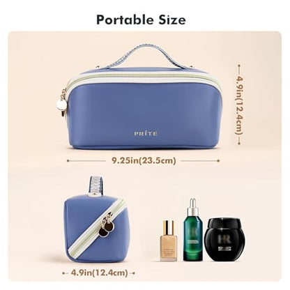 Prite Makeup Bag for Women Travel Waterproof Vegan Leather Cosmetic Bag Open Flat Toiletry Bag With Clear Divider and Handle (Blue, Medium) - color: Blue, size: Medium