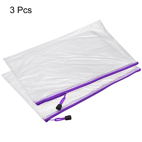 MECCANIXITY Mesh Zipper Bags, A3 Size Plastic Zip File Pouch Document Folders for Home Office Travel, Purple Pack of 3 - color: Purple