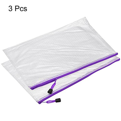 MECCANIXITY Mesh Zipper Bags, A3 Size Plastic Zip File Pouch Document Folders for Home Office Travel, Purple Pack of 3 - color: Purple